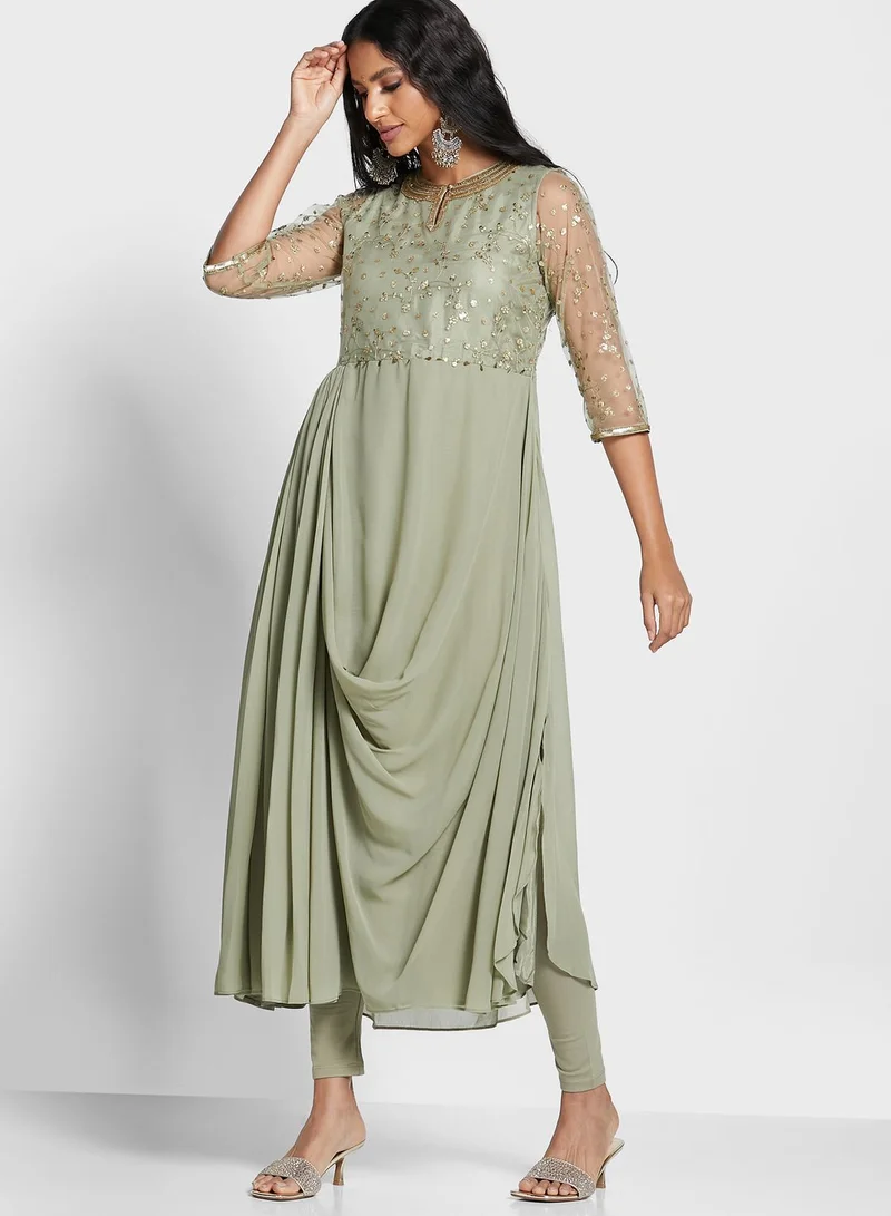 W Mesh Sleeves Asymmetric Kurti