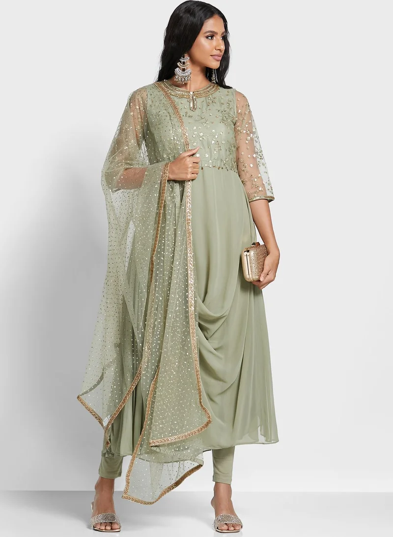 W Mesh Sleeves Asymmetric Kurti