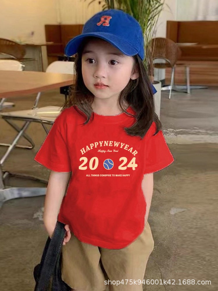 Children'S New Year Red Short Sleeve 2024 Dragon Year Boys' Cotton T-Shirt Children Girls' Birth Year Half Sleeve Top - Image 1