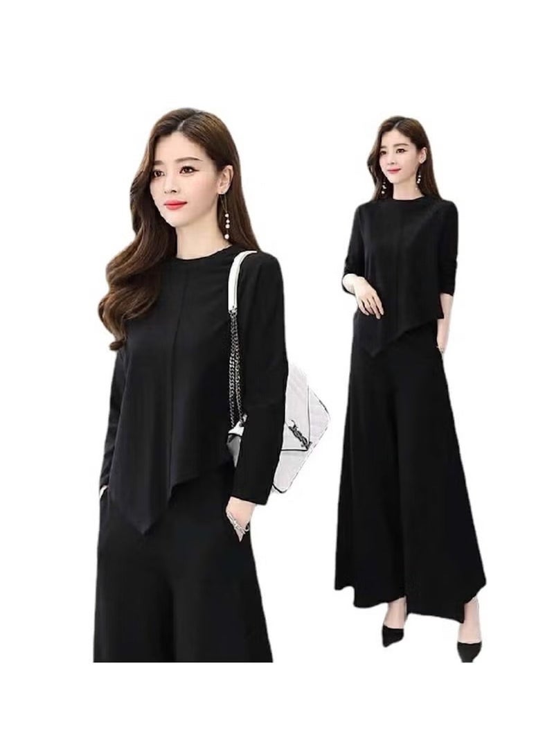 Huitich Women’s Two-Piece Casual Suit – Skirt & Pants Combo – Slim Fit, Asymmetrical Hem – Black (Size L) - Image 1