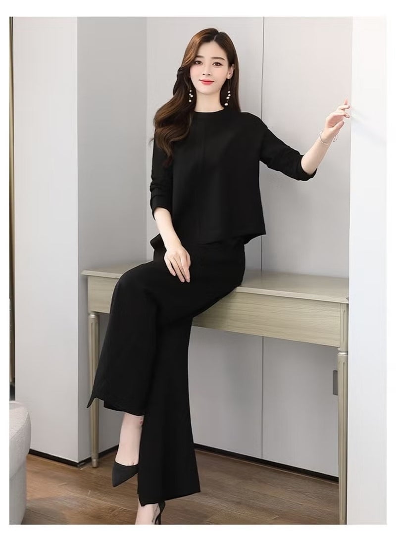 Huitich Women’s Two-Piece Casual Suit – Skirt & Pants Combo – Slim Fit, Asymmetrical Hem – Black (Size L) - Image 2