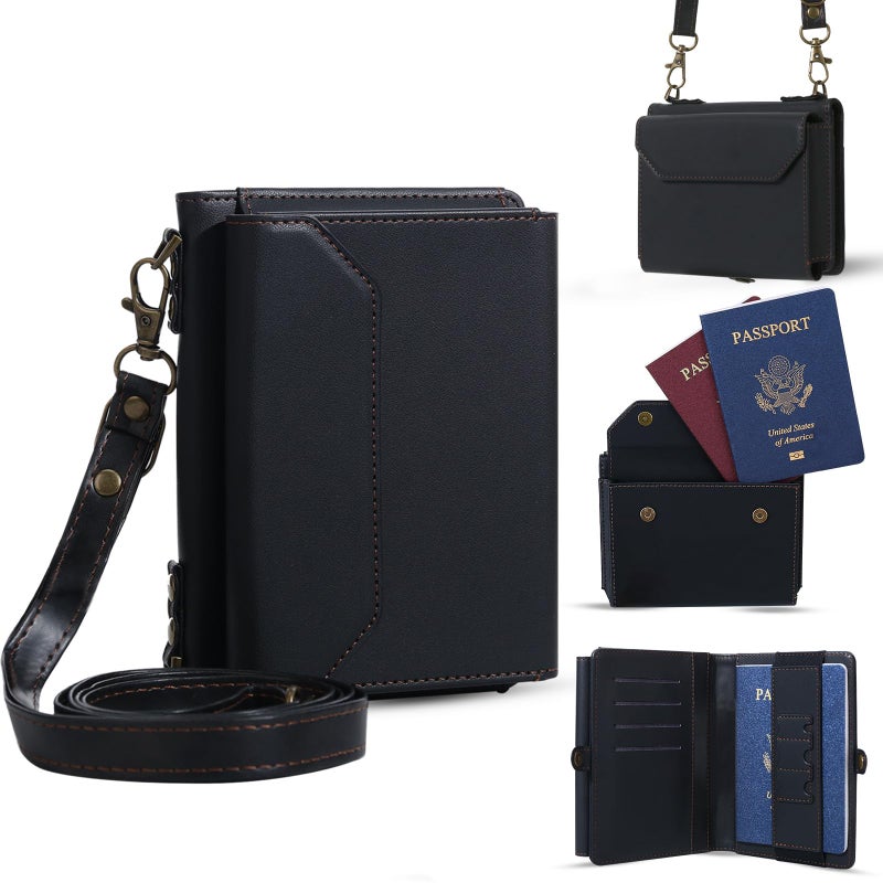 ASAPDOS RFID Blocking Family Passport Holder Wallet,Hold 2-3 Passports for Travel with Credit Card Slots & Wrist Crossbody Strap Black - Image 1