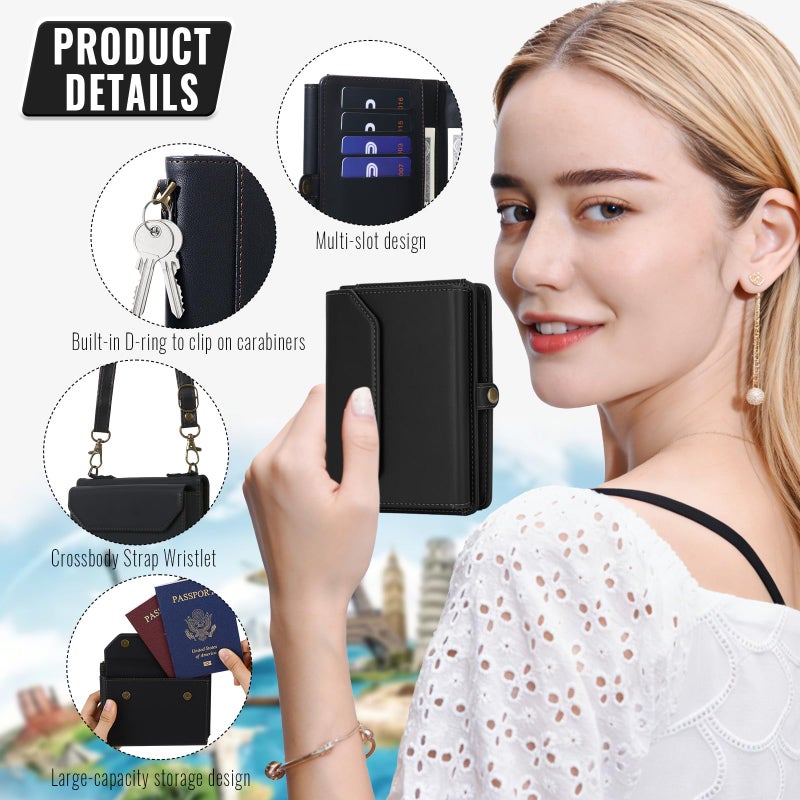 ASAPDOS RFID Blocking Family Passport Holder Wallet,Hold 2-3 Passports for Travel with Credit Card Slots & Wrist Crossbody Strap Black - Image 3