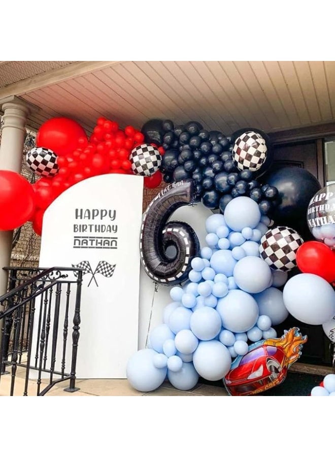 Dingo Race Car Balloons Arch Garland Kit 148PCS Red Blue Black Checkered Flag Foil Balloon Racing Car Theme Two Fast 2nd Birthday Party Supplies for Boys - Image 1