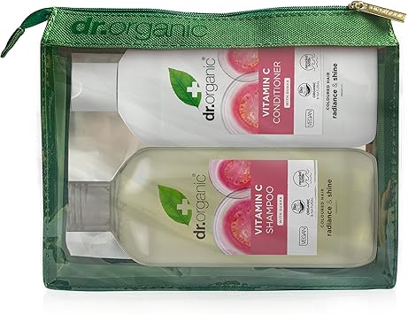 dr.organic Dr Organic Vitamin C with Organic Guava Shampoo Conditioner Set with Travel Bag Coloured Hair Natural Vegan CrueltyFree Paraben SLSFree Organic 265ml - Image 1