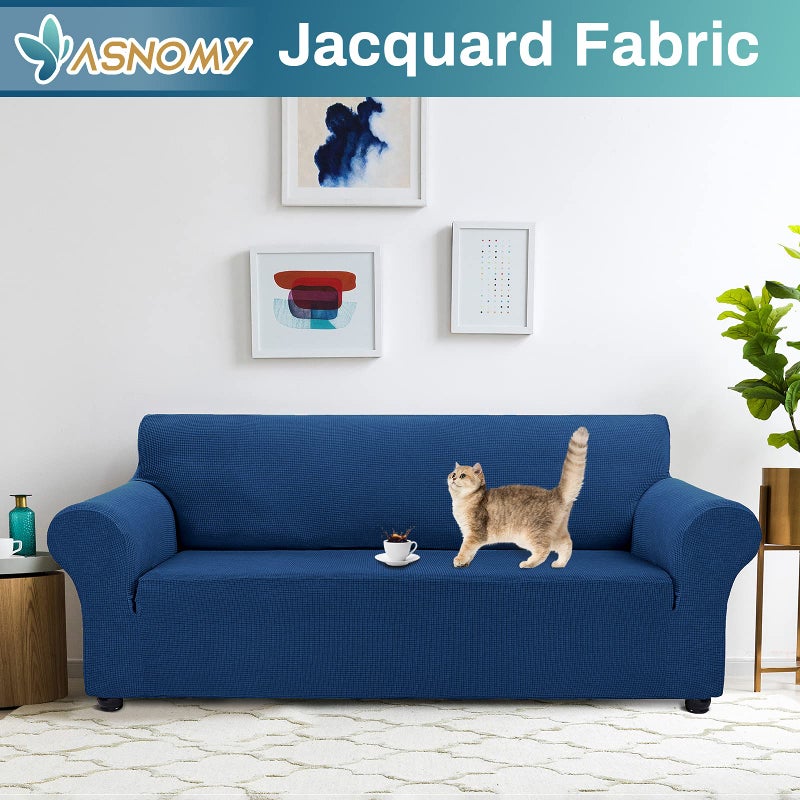 Asnomy Couch Covers for 3 Cushion Couch Stretch Sofa Covers Slipcovers, Pet Protector Furniture Covers for Dogs Cats Spandex Jacquard Fabric Small Checks ï¼ˆLargeï¼ŒClassic Blueï¼‰ - Image 2