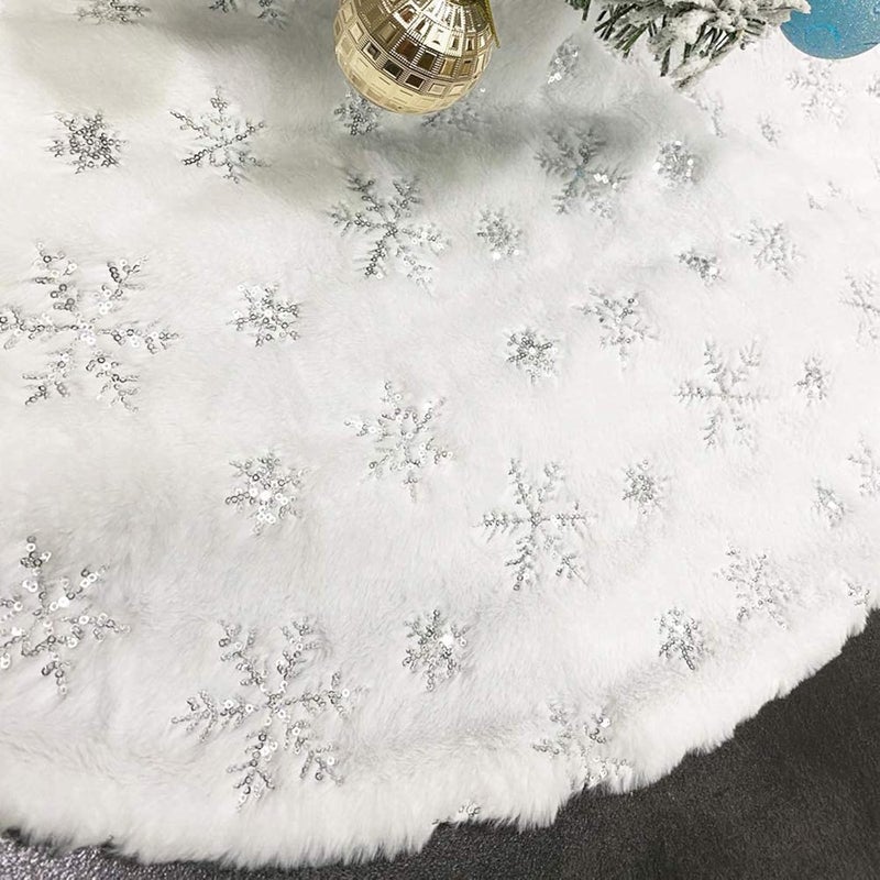 CHICHIC 48 Inch Large Christmas Tree Skirt White Tree Skirt Xmas Faux Fur Tree Skirts Christmas Decorations for Holiday Tree Ornaments Christmas Party Home Decorations with Sequin Silver Snowflakes - Image 1