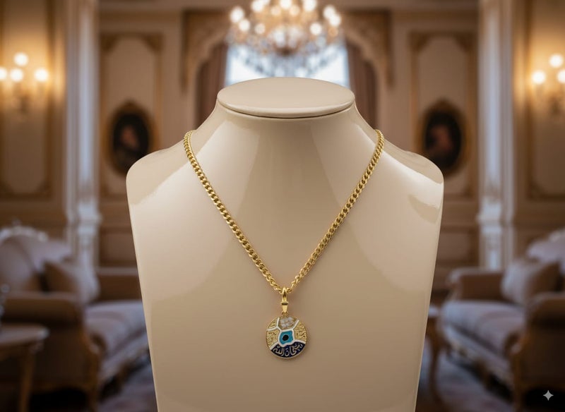 تألقي ببريق يلامس الروح! كوليه "سبحان الله" ليس مجرد قطعة مجوهرات، بل هو تذكير يومي بجمال الإيمان. القلادة الدائرية مصممة بزخارف إسلامية دقيقة ولمسة من الألوان الزاهية، وتحمل عبارة "سبحان الله" بالخط العربي الأنيق. قطعة فريدة تجمع بين الفخامة والعمق الروحاني، وتُضيف لمسة من الأناقة الهادئة إلى إطلالتك. - Image 3