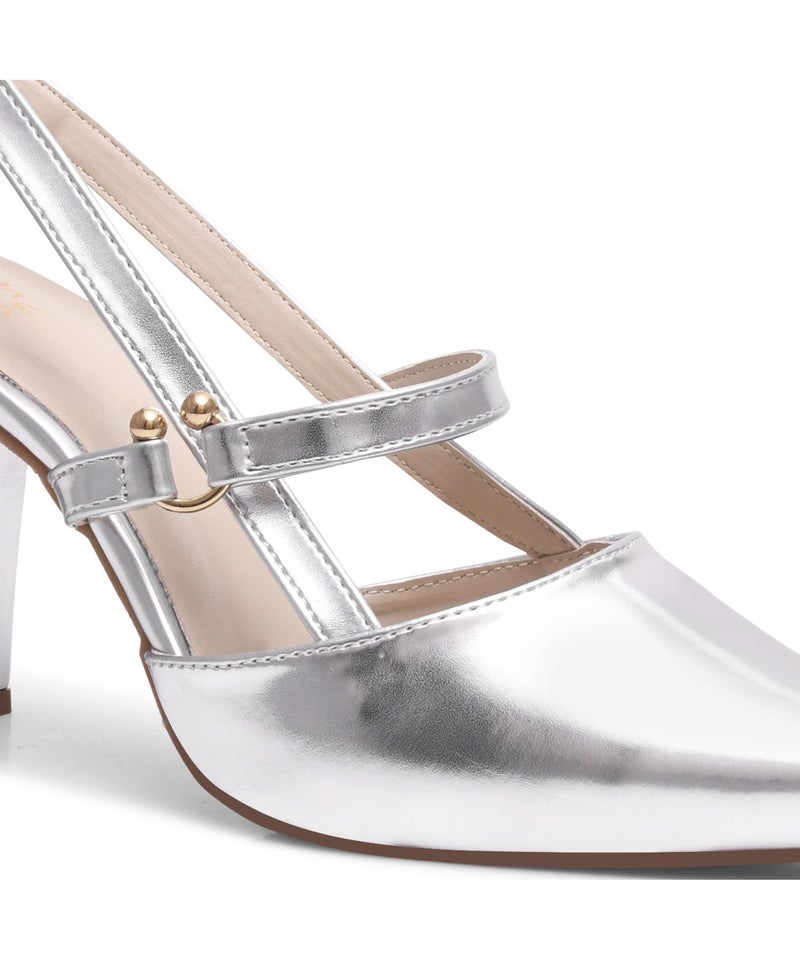 JM LOOKS Slingback Pumps Elegant Dressy Heels for Women Closed Toe Pointy High Heels Wedding Bride Prom Party Evening Shoes - Silver - Image 3