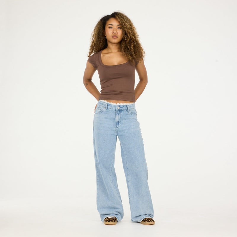 Forever 21 Womenâ€™s Wide-Leg Jeans â€“ Light Wash Denim with Lace Trim Waistband, High-Rise Relaxed Fit Vintage Y2K Style, Blue, 0 - Image 2