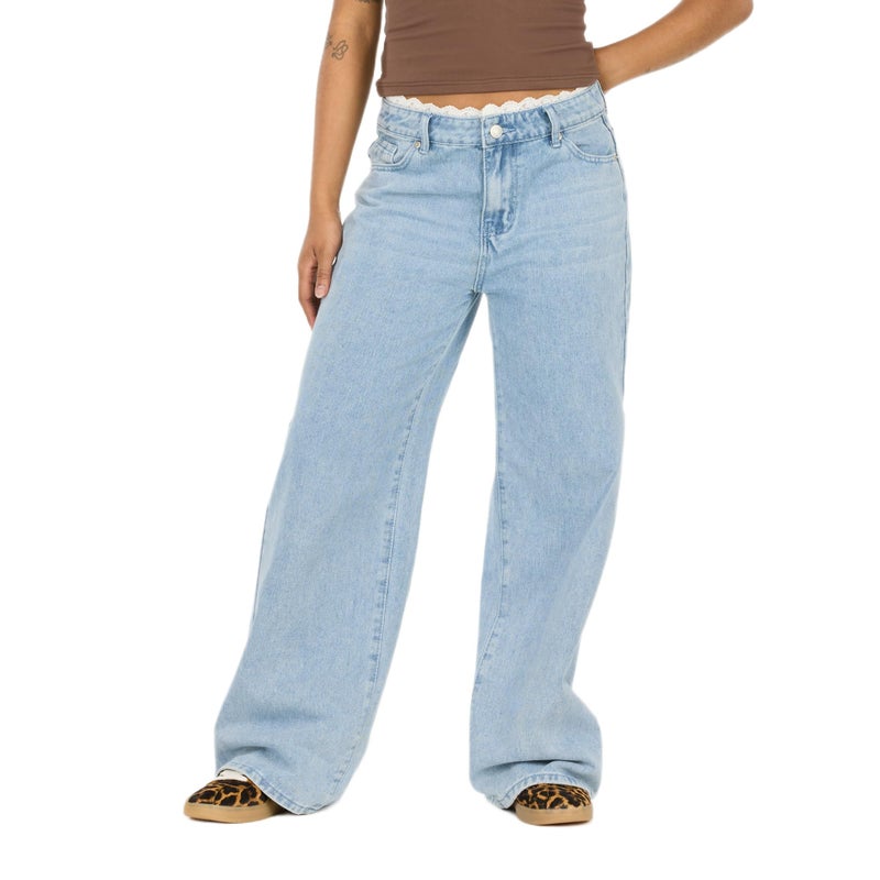 Forever 21 Womenâ€™s Wide-Leg Jeans â€“ Light Wash Denim with Lace Trim Waistband, High-Rise Relaxed Fit Vintage Y2K Style, Blue, 0 - Image 1