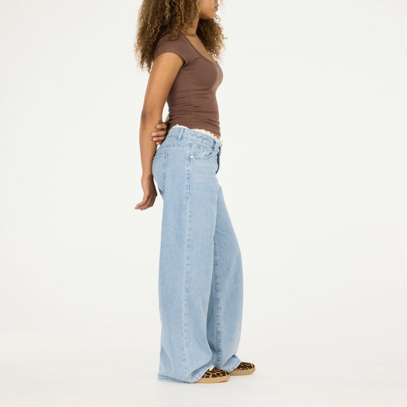 Forever 21 Womenâ€™s Wide-Leg Jeans â€“ Light Wash Denim with Lace Trim Waistband, High-Rise Relaxed Fit Vintage Y2K Style, Blue, 0 - Image 3