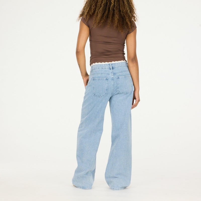 Forever 21 Womenâ€™s Wide-Leg Jeans â€“ Light Wash Denim with Lace Trim Waistband, High-Rise Relaxed Fit Vintage Y2K Style, Blue, 0 - Image 4