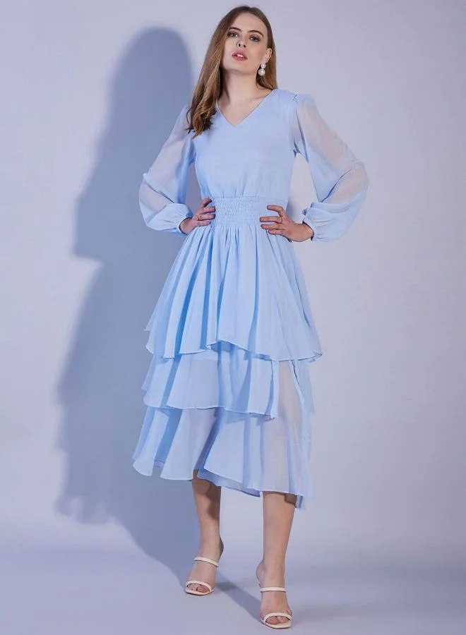 Women Fit and Flared Solid V-Neck Long Sleeve Tiered Dress