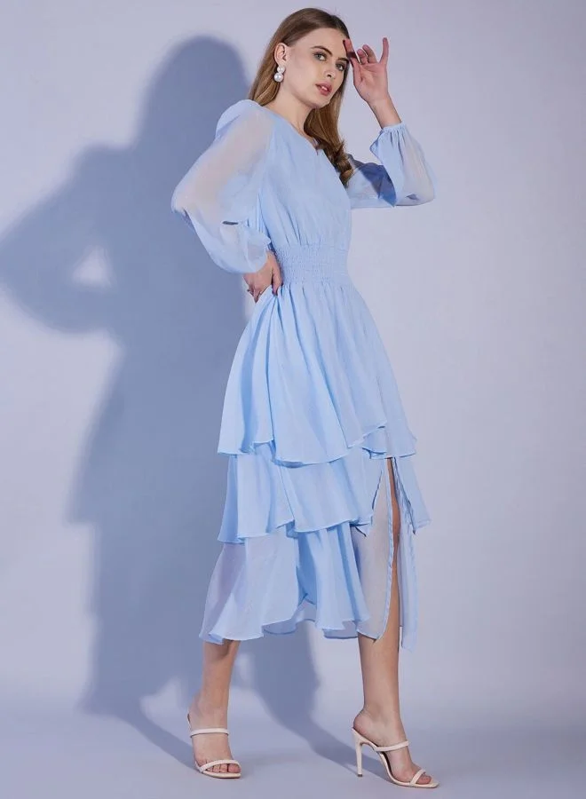 Freehand  Women Fit and Flared Solid V-Neck Long Sleeve Tiered Dress for Women | Best Price UAE