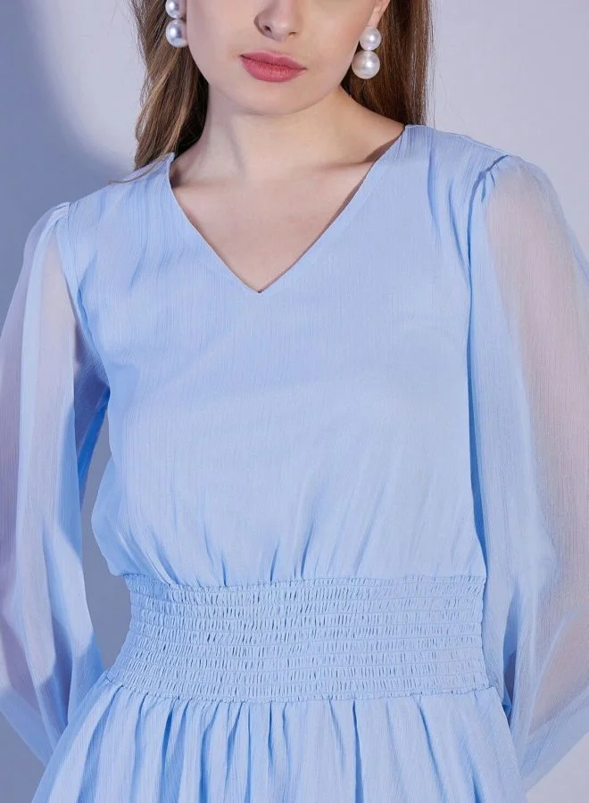 مرفوعة Women Fit and Flared Solid V-Neck Long Sleeve Tiered Dress