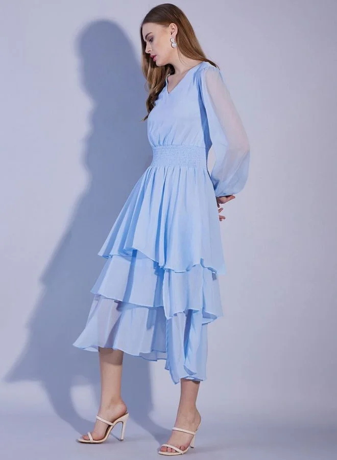 Freehand  Women Fit and Flared Solid V-Neck Long Sleeve Tiered Dress for Women | Best Price UAE
