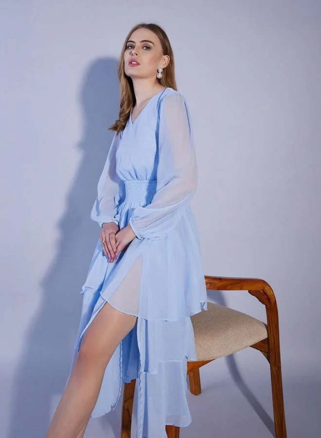 Freehand  Women Fit and Flared Solid V-Neck Long Sleeve Tiered Dress for Women | Best Price UAE