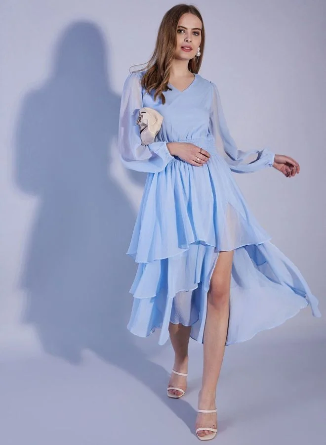 Freehand  Women Fit and Flared Solid V-Neck Long Sleeve Tiered Dress for Women | Best Price UAE