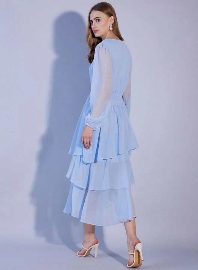 Freehand  Women Fit and Flared Solid V-Neck Long Sleeve Tiered Dress for Women | Best Price UAE