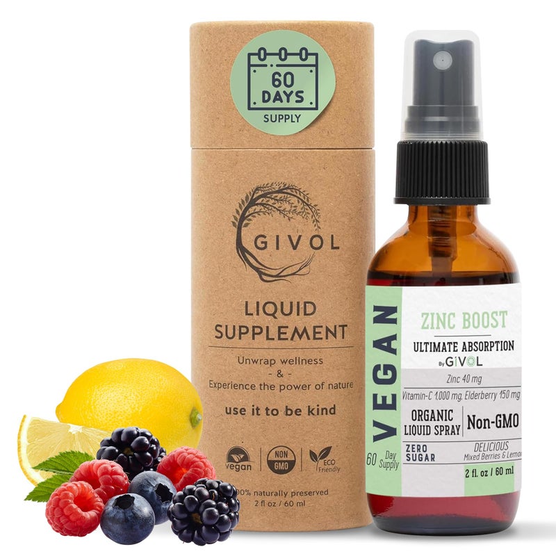 GIVOL Organic ZINC Boost Mist 100 g (Extra Strength) - Sugar Free with VIT C and Elderberry Extract - Vegan Liquid Spray for Kids and Adults - Easy Absorption - Non-GMO - (60 ml) 60 Days Supply - Image 1