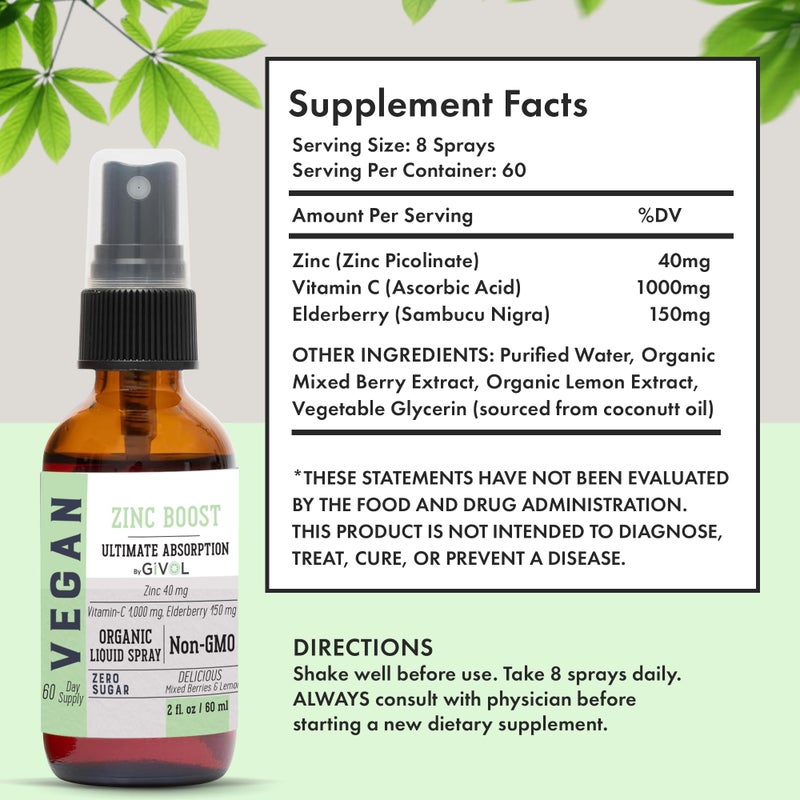 GIVOL Organic ZINC Boost Mist 100 g (Extra Strength) - Sugar Free with VIT C and Elderberry Extract - Vegan Liquid Spray for Kids and Adults - Easy Absorption - Non-GMO - (60 ml) 60 Days Supply - Image 3