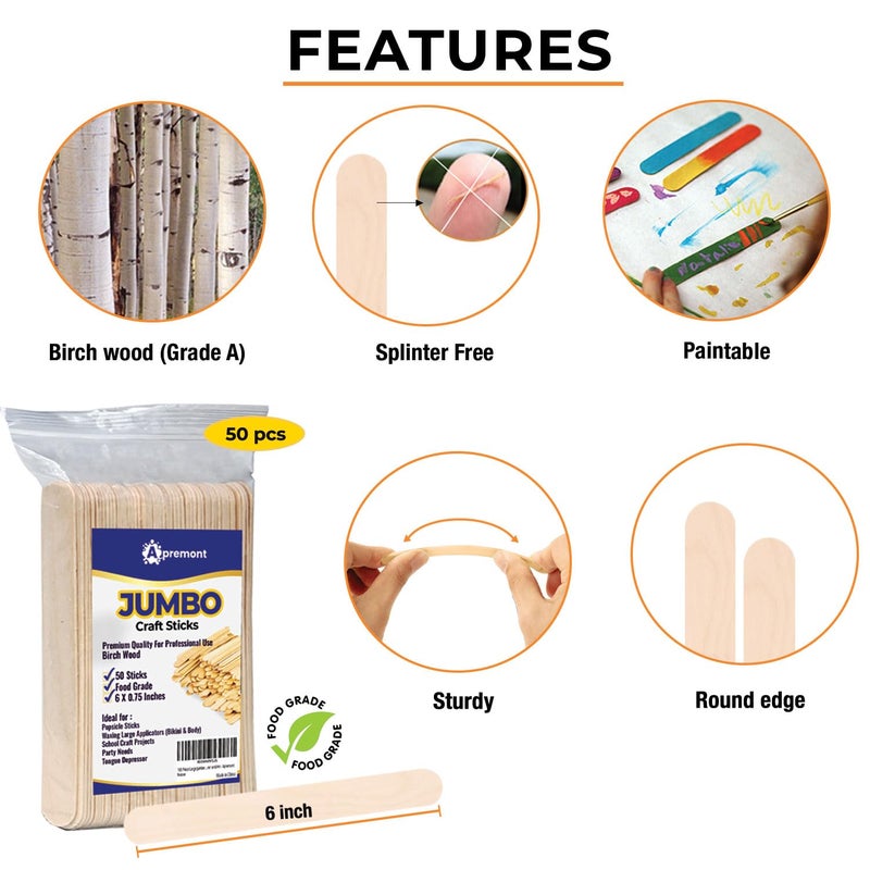 APREMONT 50 Piece Large Jumbo Wooden Craft Sticks (6" x 3/4"), Premium Natural Organic Wood, Waxing, Project, Tongue Depressor, Popsicle, Ice Cream Stick,Woodcraft, Paint Stirrer, Art - Apremont (50) - Image 3