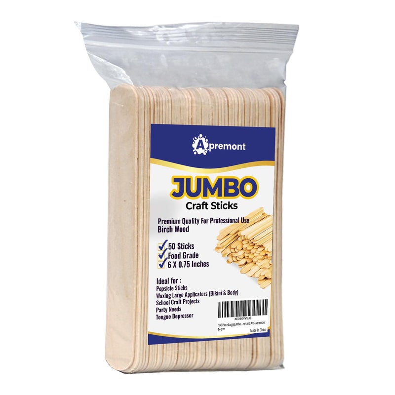 APREMONT 50 Piece Large Jumbo Wooden Craft Sticks (6" x 3/4"), Premium Natural Organic Wood, Waxing, Project, Tongue Depressor, Popsicle, Ice Cream Stick,Woodcraft, Paint Stirrer, Art - Apremont (50) - Image 1