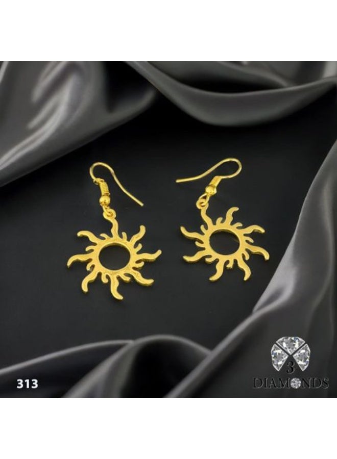 3Diamonds Gold Plated Sunburst Dangle Earrings, Lightweight Minimal Style - Image 1