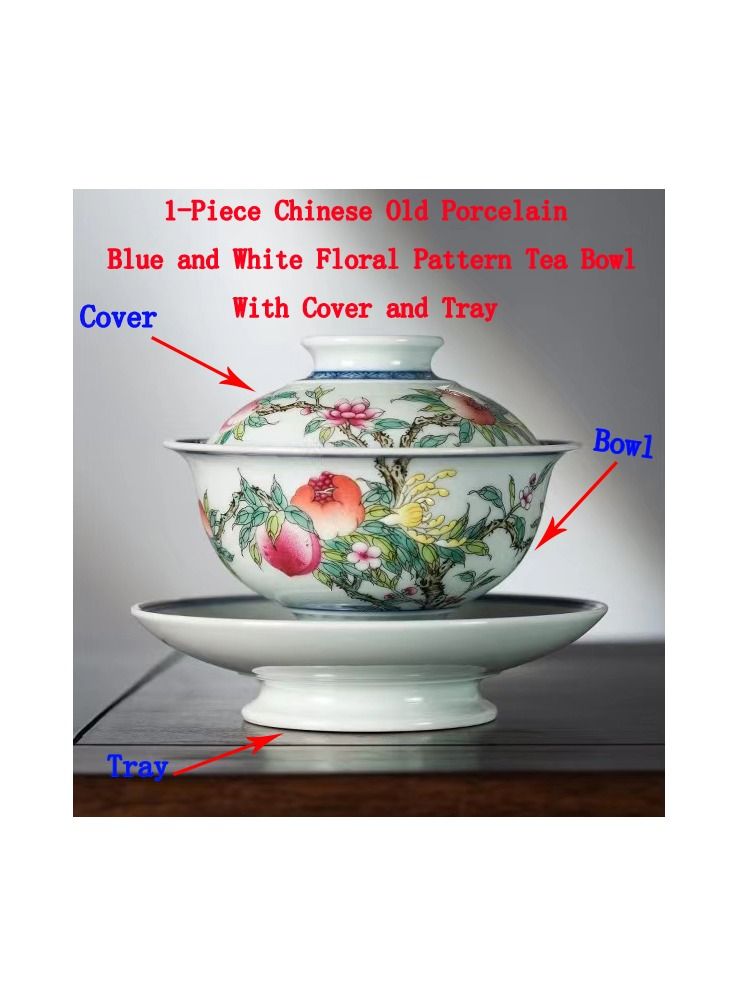 1-Piece Chinese Old Porcelain Blue and White Bowl Tea Set,Chinese Tea Bowl with Cover and Tray,Chinese Traditional Handicraft Ceramic Tea Set - Image 1