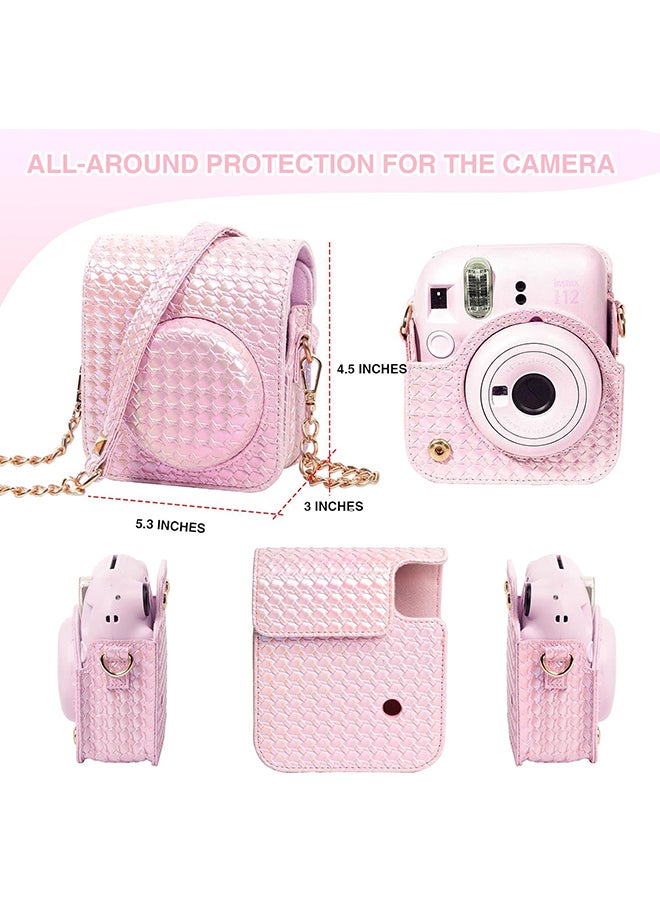 O Ozone Camera Case for Fujifilm Instax Mini 12 Instant Camera, PU Leather Glitter Woven Camera Bag with Shoulder Strap & 64 Pockets Mini Photo Album- Pink  - Image 3