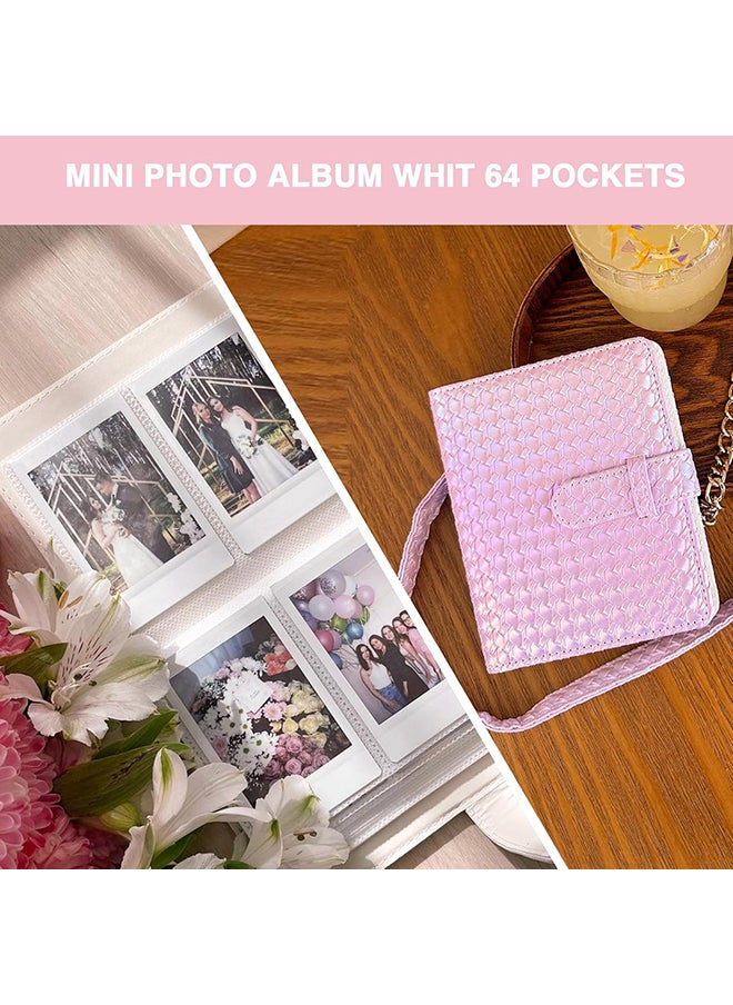 O Ozone Camera Case for Fujifilm Instax Mini 12 Instant Camera, PU Leather Glitter Woven Camera Bag with Shoulder Strap & 64 Pockets Mini Photo Album- Pink  - Image 4