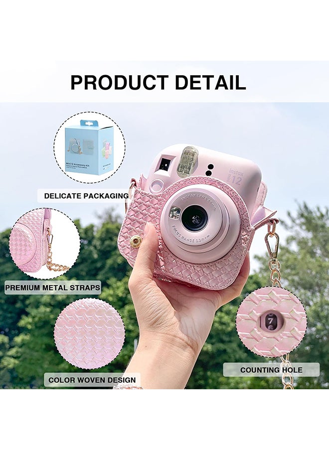 O Ozone Camera Case for Fujifilm Instax Mini 12 Instant Camera, PU Leather Glitter Woven Camera Bag with Shoulder Strap & 64 Pockets Mini Photo Album- Pink  - Image 2