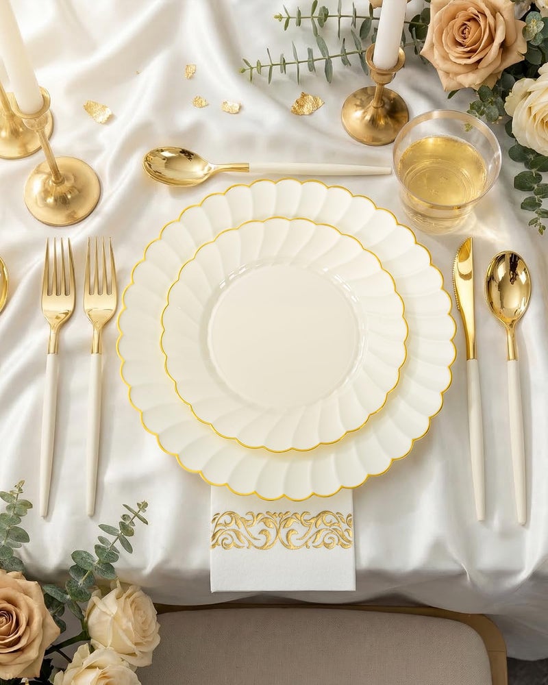 Ciaell 175 PCS Ivory Scalloped Plastic Plates - Gold Disposable Plates Fancy High-end Dinnerware Sets for Wedding & Party (25 Guests) - Image 3