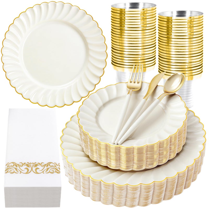 Ciaell 175 PCS Ivory Scalloped Plastic Plates - Gold Disposable Plates Fancy High-end Dinnerware Sets for Wedding & Party (25 Guests) - Image 1