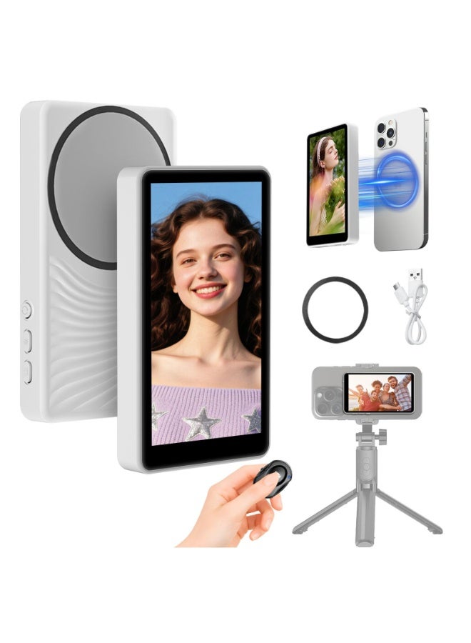 Vlog Selfie Monitor Screen,Magnetic Selfie Screen 4K 60fps Bluetooth Remote,Back Camera Monitor for Vlog Live Stream TikTok,Wireless Screen Mirroring with iPhone & Android(White) - Image 1