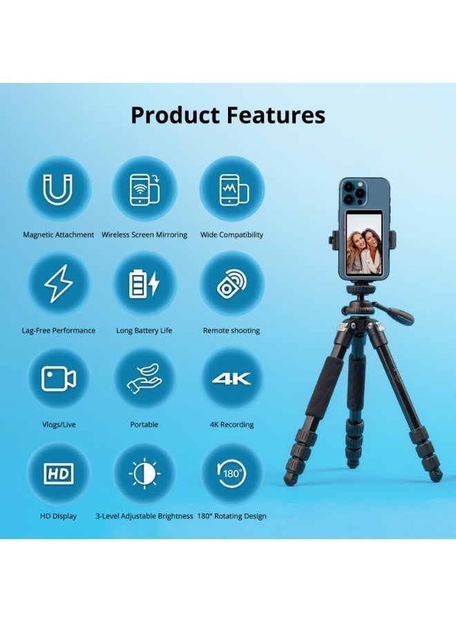 Vlog Selfie Monitor Screen,Magnetic Selfie Screen 4K 60fps Bluetooth Remote,Back Camera Monitor for Vlog Live Stream TikTok,Wireless Screen Mirroring with iPhone & Android(White) - Image 2