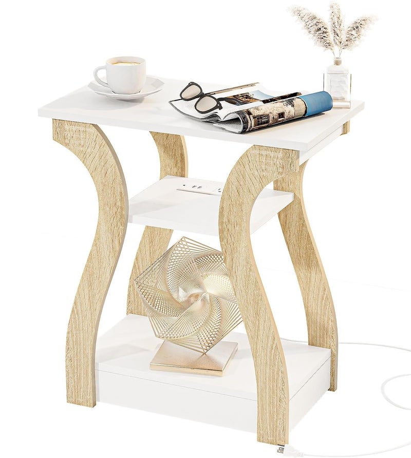 FROMJBEST End Table with Charging Station, Side Table with USB Ports and Outlets, Nightstand, 3 Tier End Table with Storage Shelf for Living Room, Bedroom (White) - Image 1