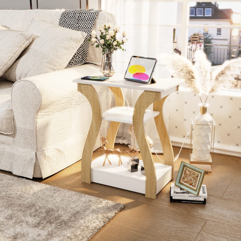 FROMJBEST End Table with Charging Station, Side Table with USB Ports and Outlets, Nightstand, 3 Tier End Table with Storage Shelf for Living Room, Bedroom (White) - Image 5