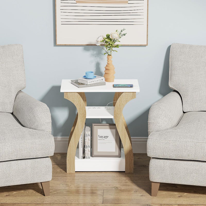 FROMJBEST End Table with Charging Station, Side Table with USB Ports and Outlets, Nightstand, 3 Tier End Table with Storage Shelf for Living Room, Bedroom (White) - Image 3