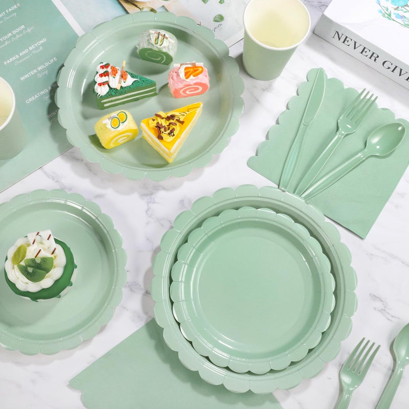 Xiangqu 350 Pcs Sage Green Paper Plates and Napkins, Sage Green Party Supplies Include Green Scalloped Plate Paper Napkin Cup Plastic Cutlery for Baby Shower, Wedding, Birthday - Image 5