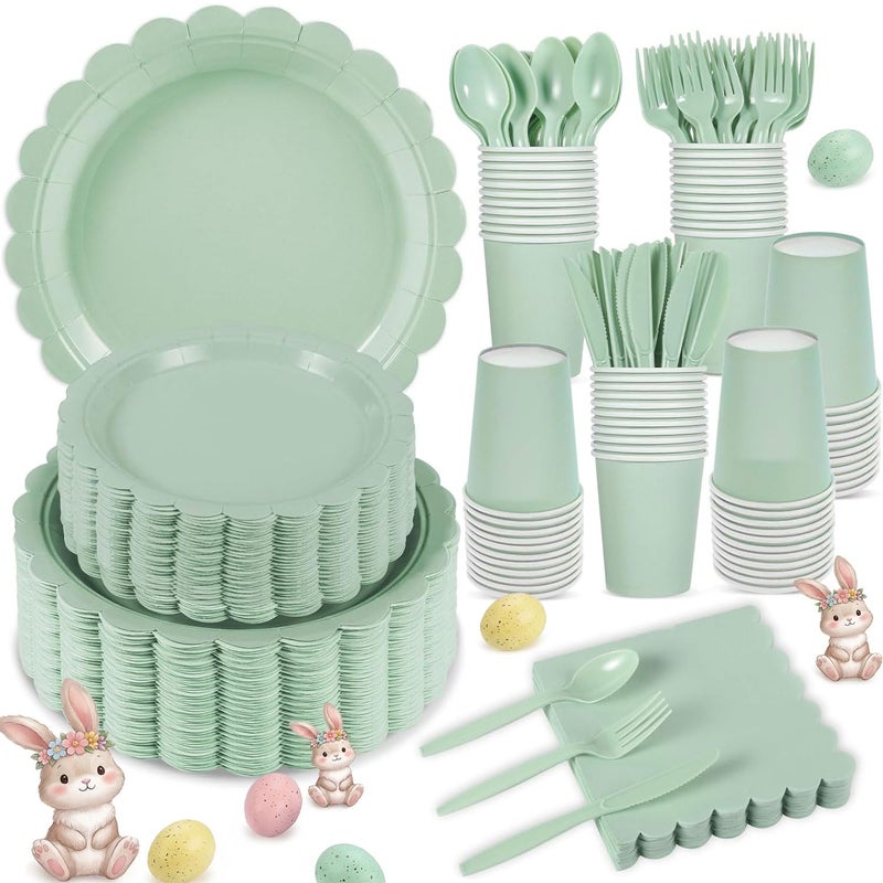 Xiangqu 350 Pcs Sage Green Paper Plates and Napkins, Sage Green Party Supplies Include Green Scalloped Plate Paper Napkin Cup Plastic Cutlery for Baby Shower, Wedding, Birthday - Image 1