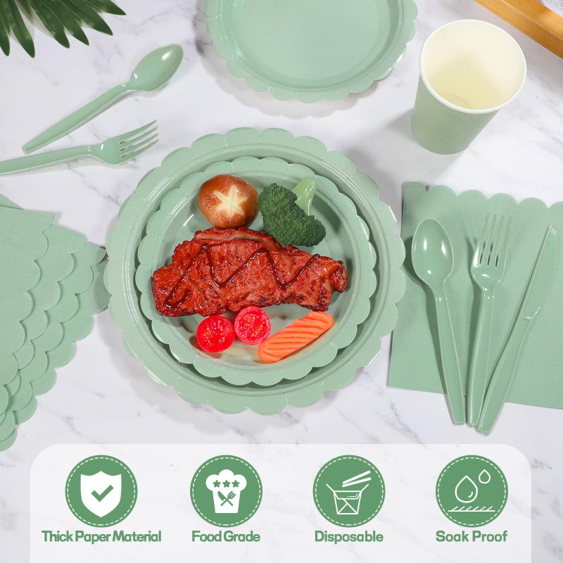 Xiangqu 350 Pcs Sage Green Paper Plates and Napkins, Sage Green Party Supplies Include Green Scalloped Plate Paper Napkin Cup Plastic Cutlery for Baby Shower, Wedding, Birthday - Image 3