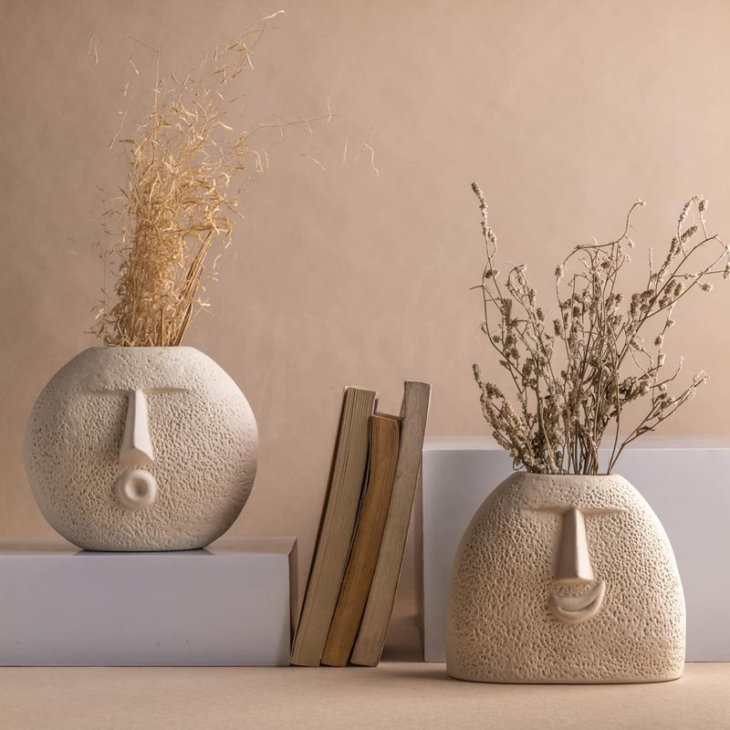 Glimpse Homes Ceramic Flower Vase Set of 2 Upbeat Face Vase 55 inches Blowing Kiss Face Vase 6 inches White Raw Finish