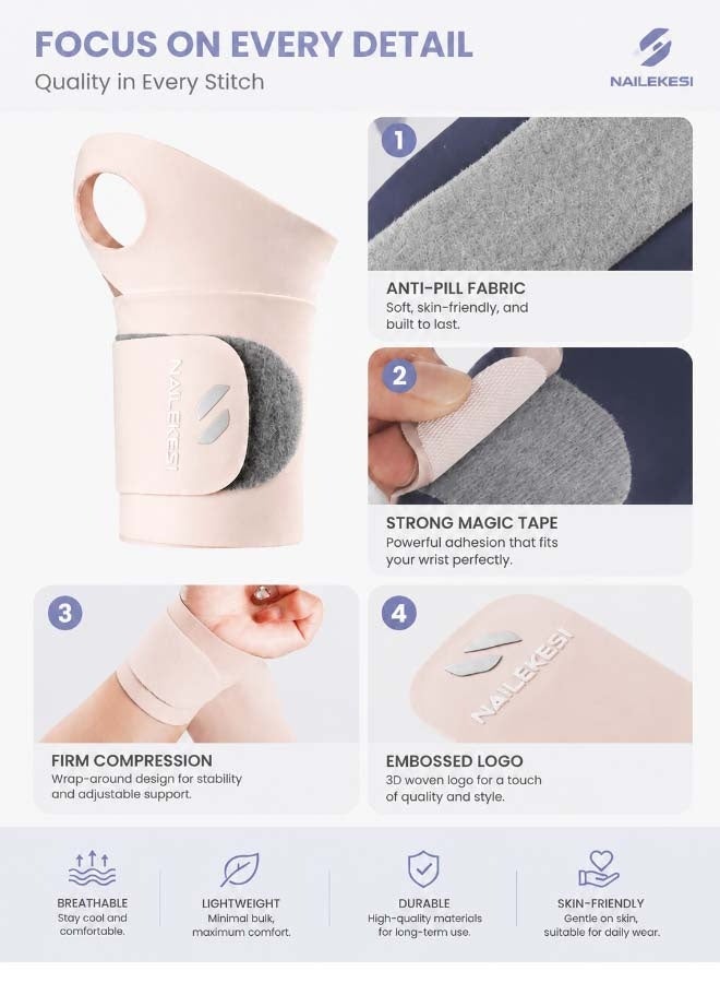 NAILEKESI Wrist Support Brace 2-Pack, Adjustable Compression Wrist Wrap with Thumb Loop, Breathable Support for Sports, Work & Pain Relief		【دعم مخصص للمعصم】يوفر واقي المعصم لدينا ضغطاً قابلاً للتعديل لتثبيت المعصم وتقليل الانزعاج أثناء العمل، التمارين الرياضية، والأنشطة اليومية.	【تصميم آمن بحلقة للإبهام】يحافظ حلقة الإبهام المدمجة في واقي المعصم لدينا على ثبات الدعامة في مكانها، مما يمنع انزلاقها ويحسن الراحة ومحاذاة المعصم.	【قابلة للتنفس ومريحة】صُنعت أربطة المعصم لدينا من نسيج خفيف الوزن وسريع الامتصاص (طارد للرطوبة)، مما يساعد على الحفاظ على برودة معصميك وجفافهما وراحتهما طوال اليوم.	【مقاس قابل للتعديل】يوفر قفل الفيلكرو (الشريط اللاصق) القوي ضغطاً مخصصاً لتحقيق دعم مثالي، مع مقاس مريح يناسب كلا المعصمين الأيمن والأيسر.	【مثالي للرياضة والتعافي】تُعد أربطة حماية المعصم لدينا مثالية لتمارين الصالة الرياضية، واللياقة البدنية، والتنس، وكرة السلة، والكتابة على لوحة المفاتيح، وألعاب الفيديو، بالإضافة إلى حالات متلازمة النفق الرسغي، والتهاب الأوتار، والتهاب المفاصل، والتعافي من الإصابات. - Image 3