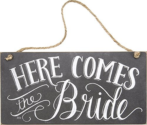 Primitives by Kathy 26915 Chalk Art Wedding Hanging Sign, 12 x 6-Inches, Here Comes the Bride - Image 1