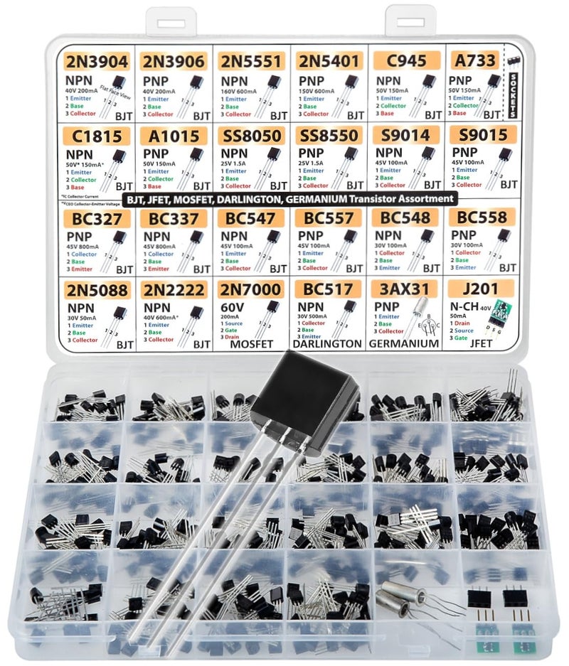 3pdt Transistor Assortment Kit, 434 pcs 24 Values, BJT, Mosfet, Germanium, Darlington, JFET, Sockets, 2n3904 2n3906 2n5551 2n5401 C945 A733 C1815 SS8050 BC547 BC558 2n5088 2n2222 2n7000 BC517 3AX31 J201 - Image 1
