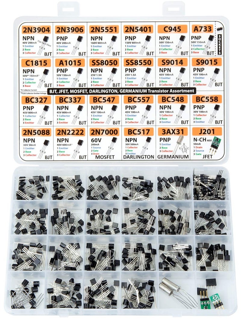 3pdt Transistor Assortment Kit, 434 pcs 24 Values, BJT, Mosfet, Germanium, Darlington, JFET, Sockets, 2n3904 2n3906 2n5551 2n5401 C945 A733 C1815 SS8050 BC547 BC558 2n5088 2n2222 2n7000 BC517 3AX31 J201 - Image 3