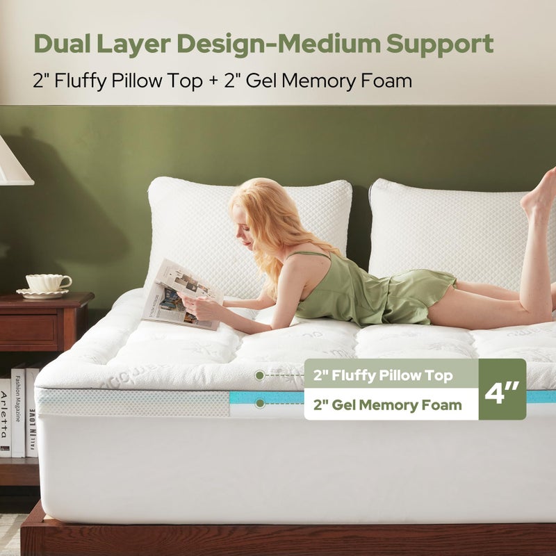 BEDLORE 4 Inch Memory Foam Mattress Topper King,2-in-1 Dual Layer Design (2" Gel Memory Foam + 2" Plush Pillow Top Cover) Mattress Topper Medium-Firm,Pressure Relief & Back Pain Support(White) - Image 2