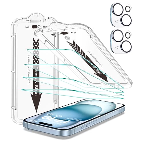 EZ-GLAZ 4-Pack Screen Protectors for iPhone 15 Plus[6.7"] Transparent HD Clear with Flawless Fit Kit + 2-Pack Camera Lens Protector, 15-Second Bubble-Free Installation, 9H Hardness, 12FT Military Grade Shatterproof, Scratch Resistant, Tempered Glass - Image 1